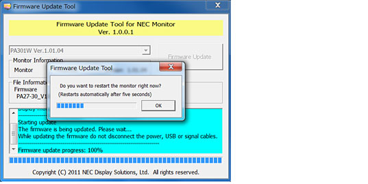 4-4. When "firmware update is 100%", appears, the monitor will reset itself after 5 seconds.