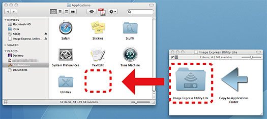 Drag the " Image Express Utility Lite " folder in mounted drive to application folder.